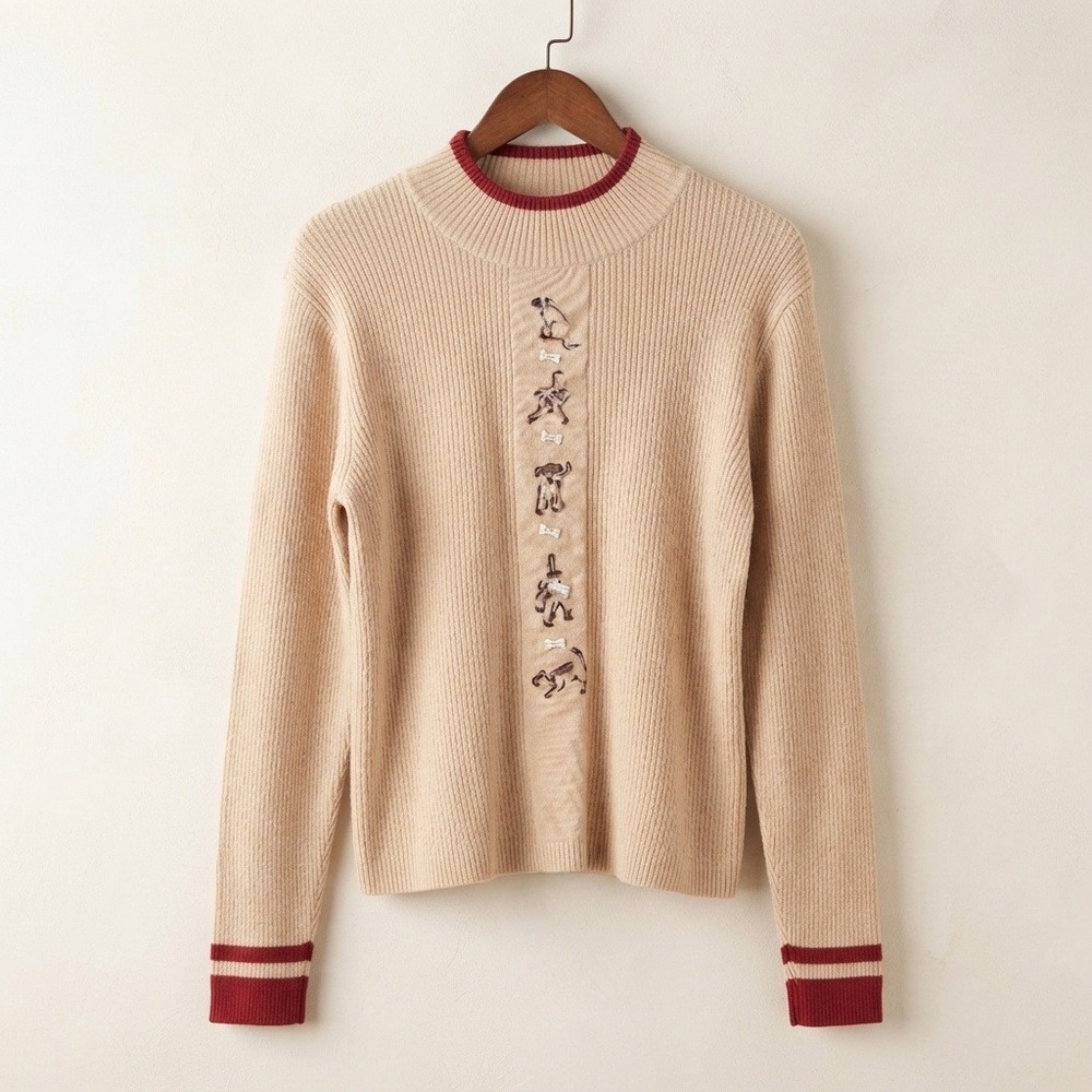 Christopher & Banks Grandmacore Dog Embroidered Ribbed Sweater Women Medium Tan